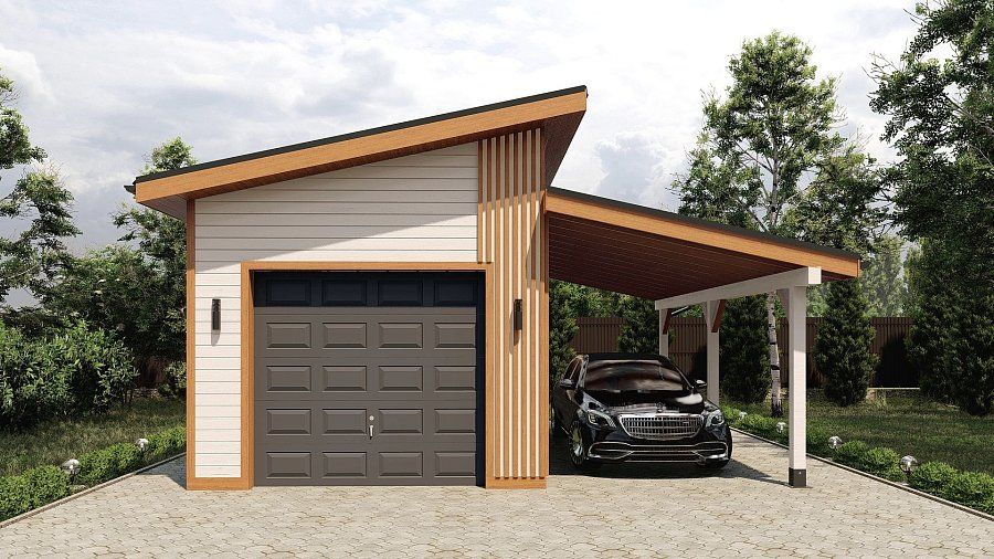 Гараж односкатный с навесом Филимоново