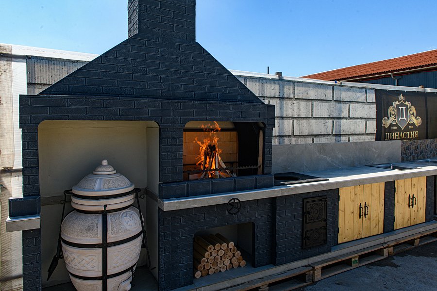 Печь № 26 — Печь барбекю с модулем под тандыр, печью под казан, мойкой и рабочим столом
